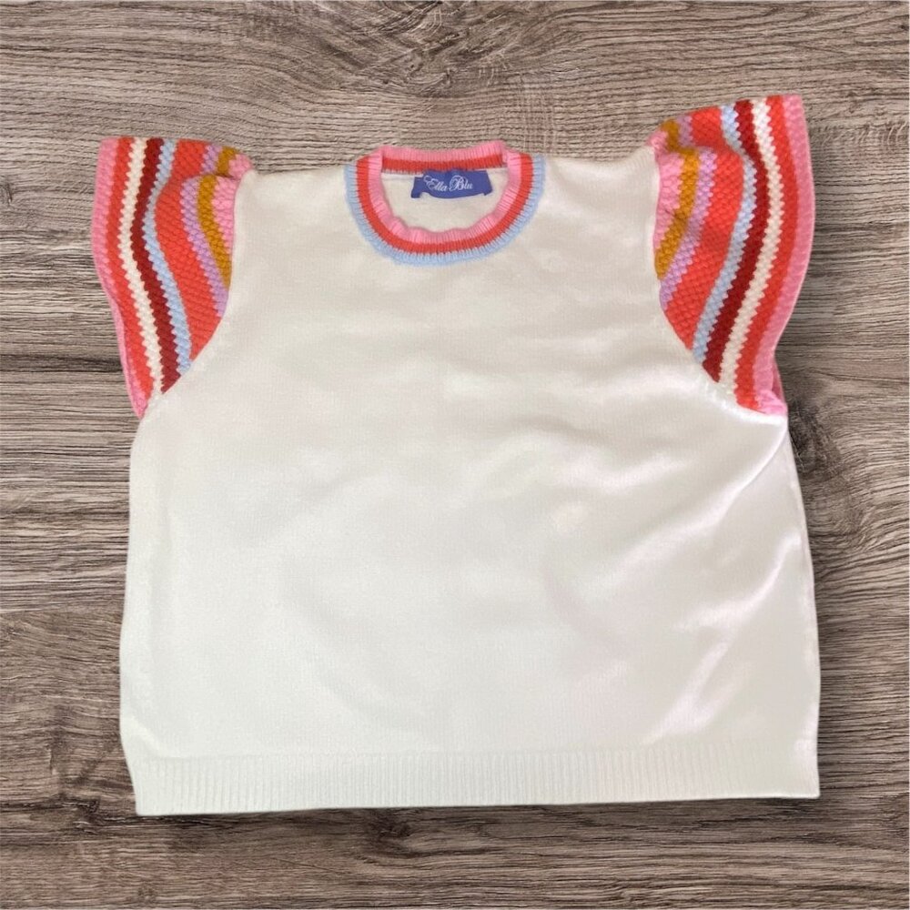 Womens XS Knit Top With Multicolor Striped Sleeves & Ribbed Trim‎
